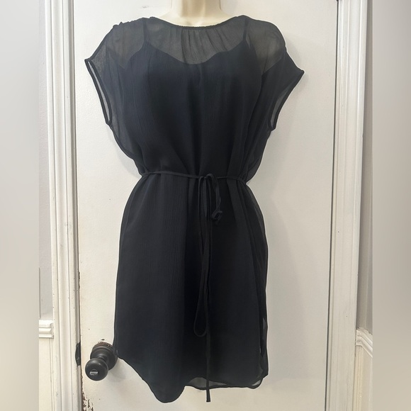 James Perse Women’s 0 Black 100% Silk Sheer Overlay Dress with Belt Slip Lined - Picture 2 of 13